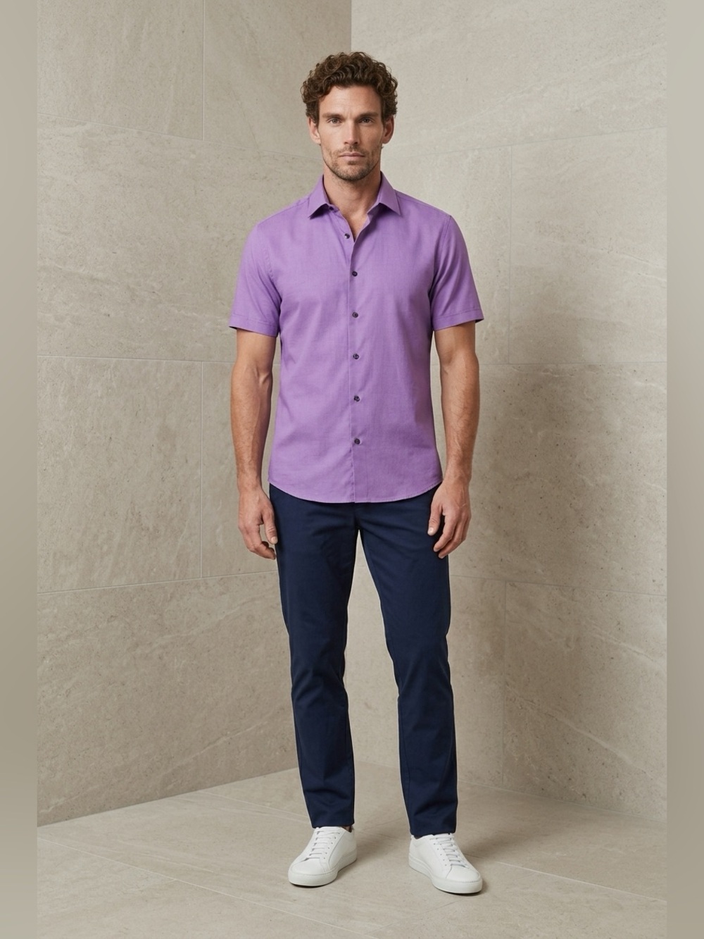 Mens Damon 19 36/37 Easy Care Check Cotton Polyester Button Purple White Shirt